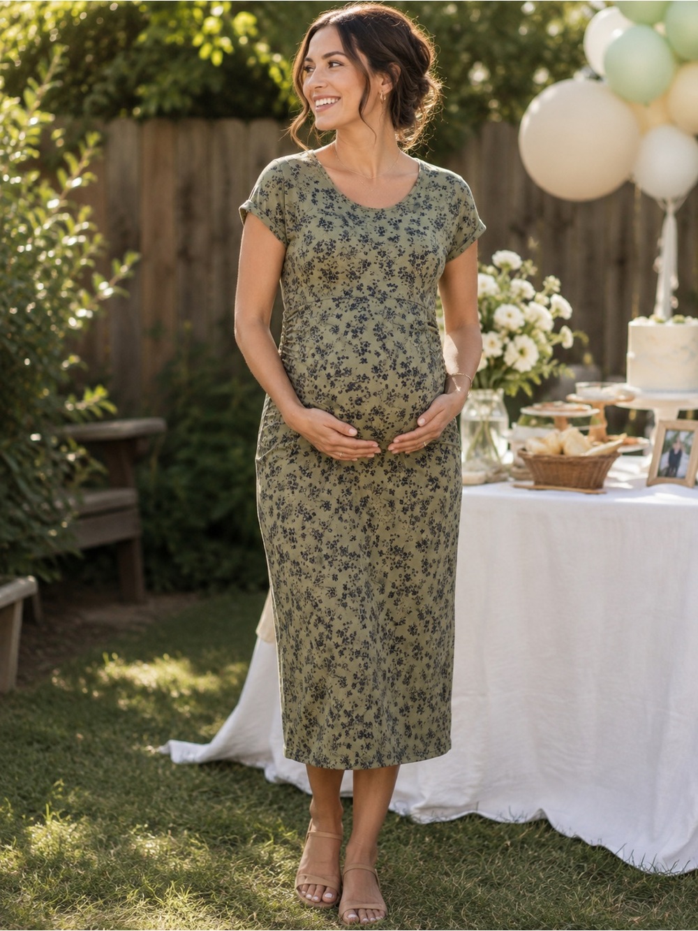 Isabel Maternity by Ingrid & Isabel Olive Floral Midi Dress Size Large Stretch